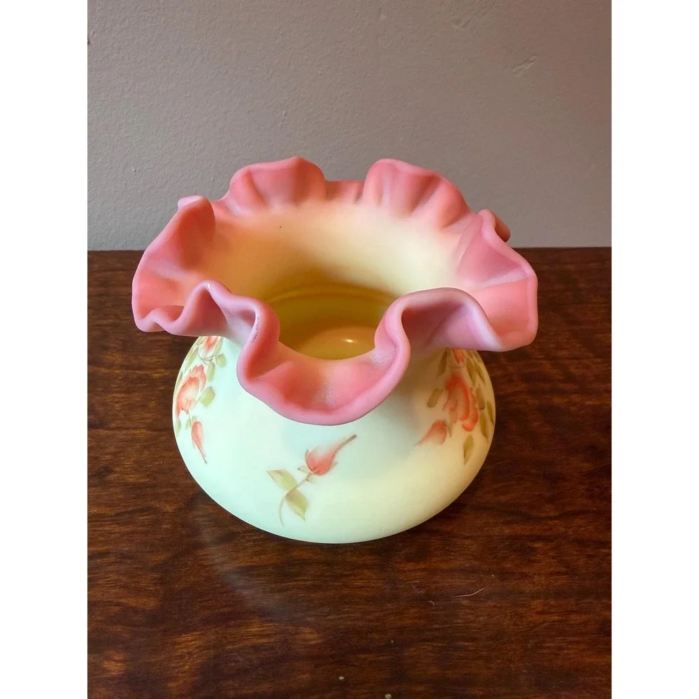 Vintage Fenton Rose Burmese Glass Ruffled Crimped Vase, Handpainted Signed